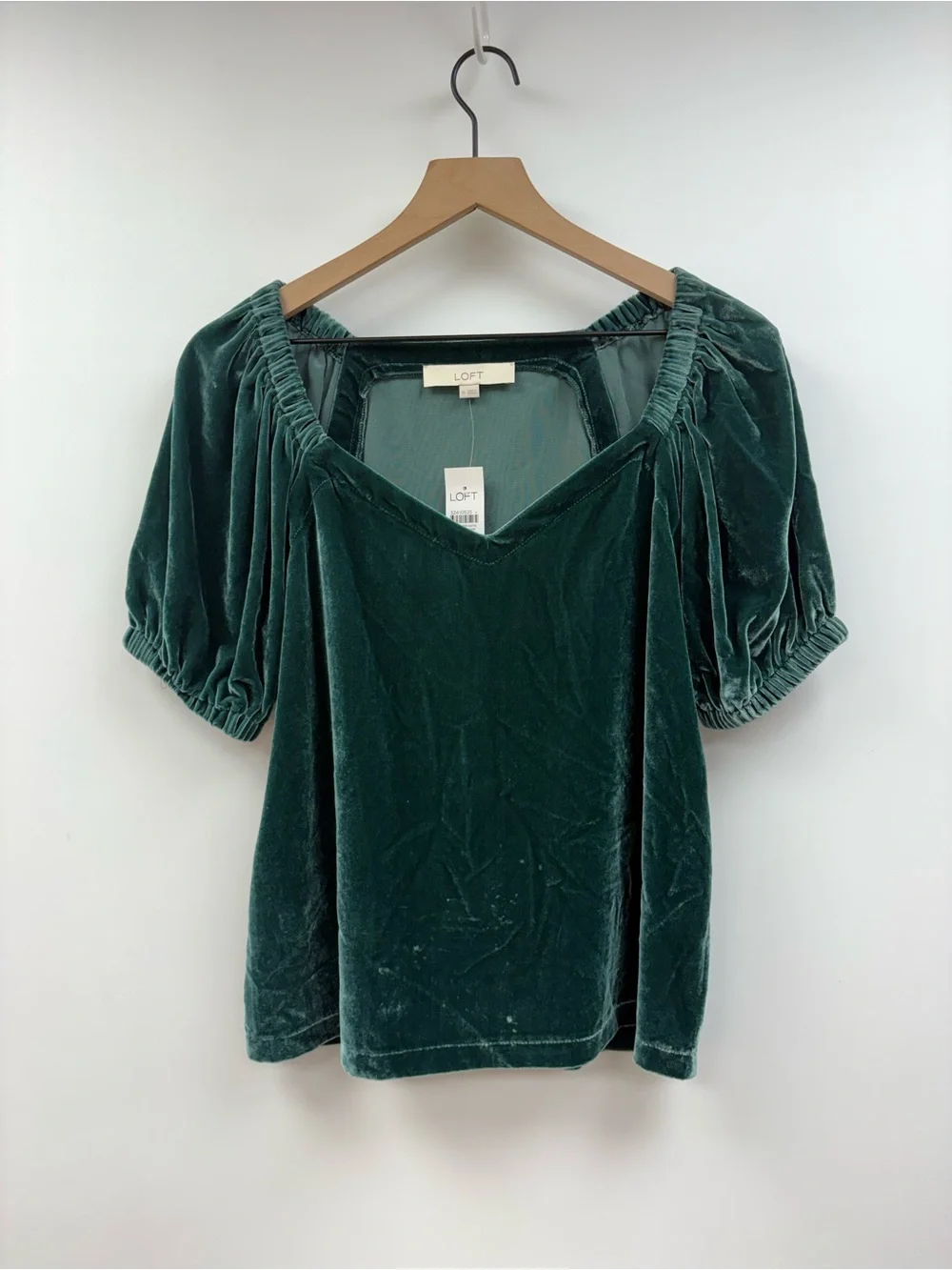 NWT Ann Taylor LOFT Velvet Puff Sleeve Sweetheart Pullover Blouse Emerald XS